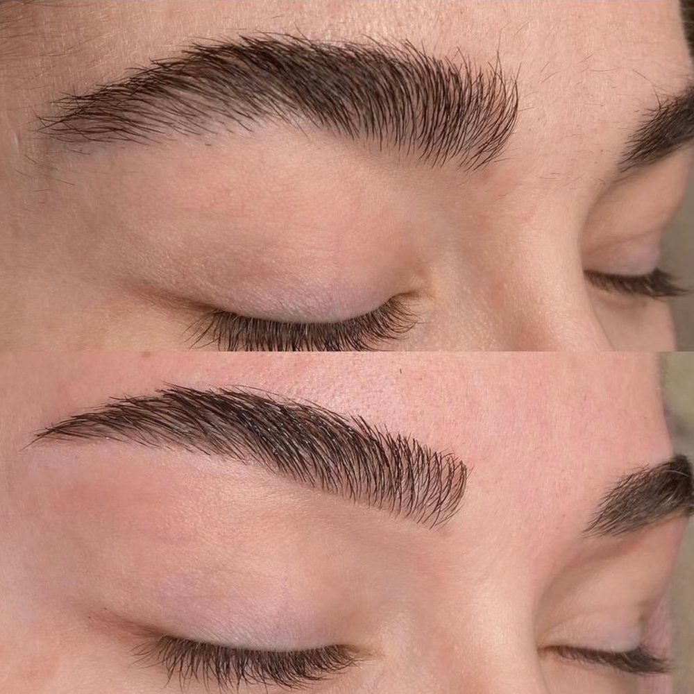 Augenbrauen einer Kundin vor und nach dem Browlifting, geschlossene Augen